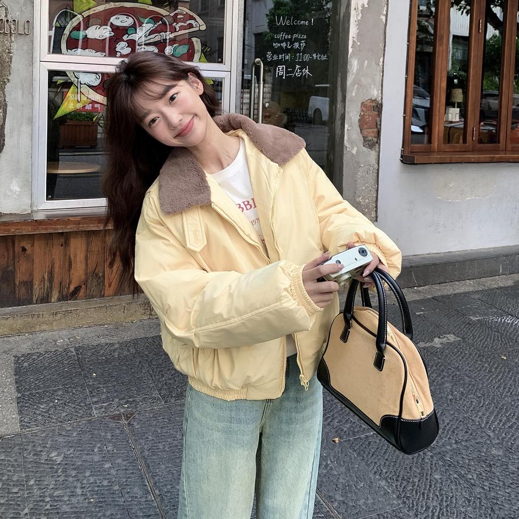 Parka Acolchoada Quente Outono Inverno Feminina Casual Doce Cor Sólida Bolso Grande Jaquetas Largas Roupas de Fora
