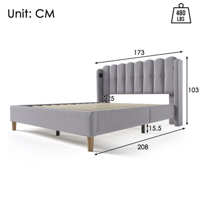 Lit Avec USB Type C,, Lit Rembourré En Gris, 160 X 200 Cm Cadre De Lit Chambre D'hôtes - Linge (avec Matelas)