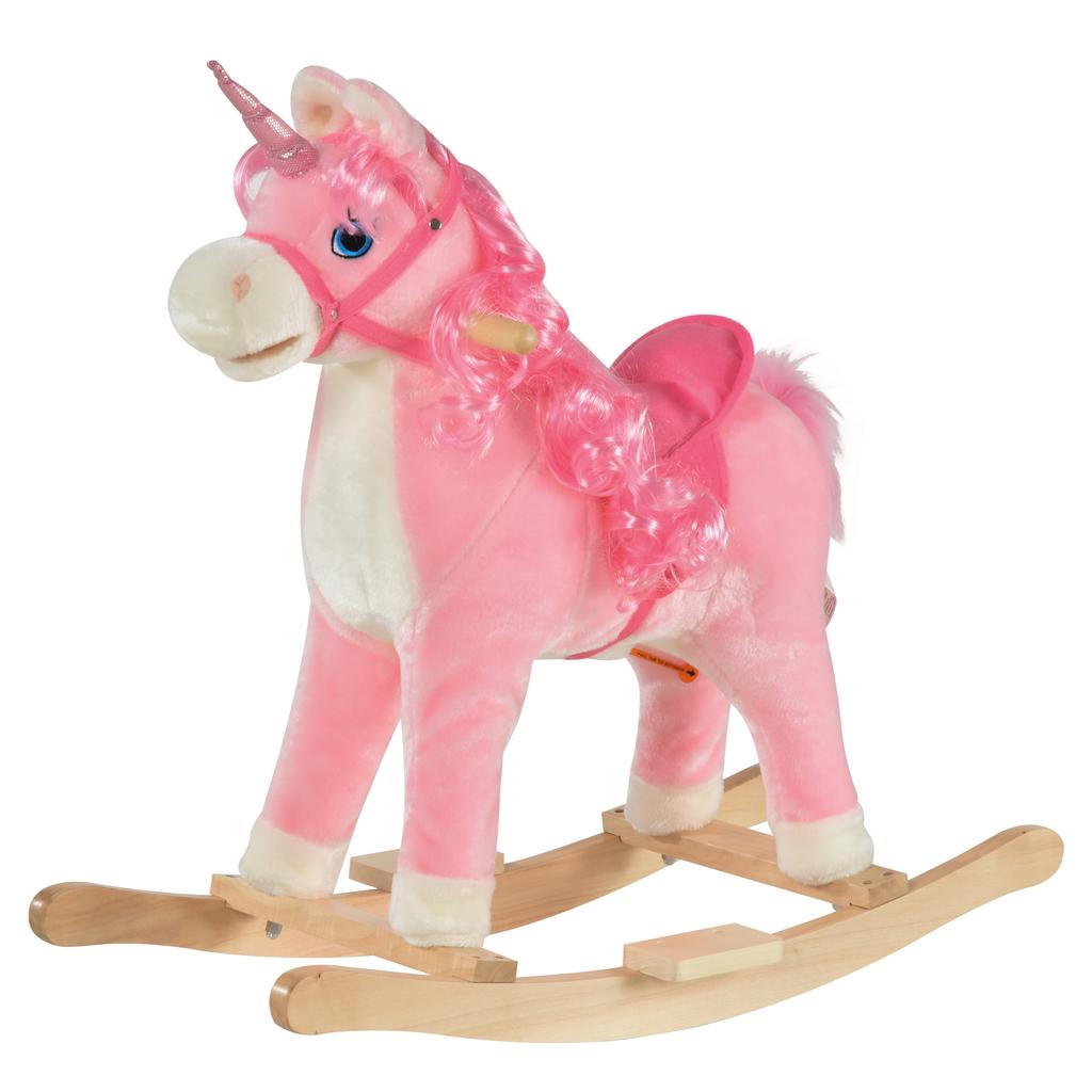 Kinder Plüsch Schaukelpferd Reittier Einhorn mit Geräusch Bewegendem Mund Wedelndem Schwanz Kinder Schaukeltier Spielzeug Geschenk 3-6 Jahre Rosa