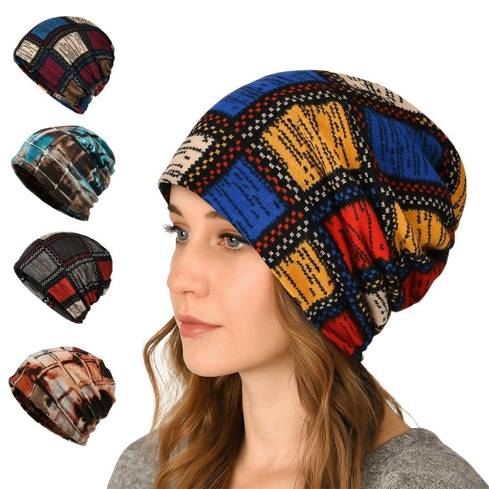 Contrasting Colors Pullover Hat Multifunctional Plaid Print Casual Hedging Cap Scarf Pullover Hat Turban Hats Autumn and Winter
