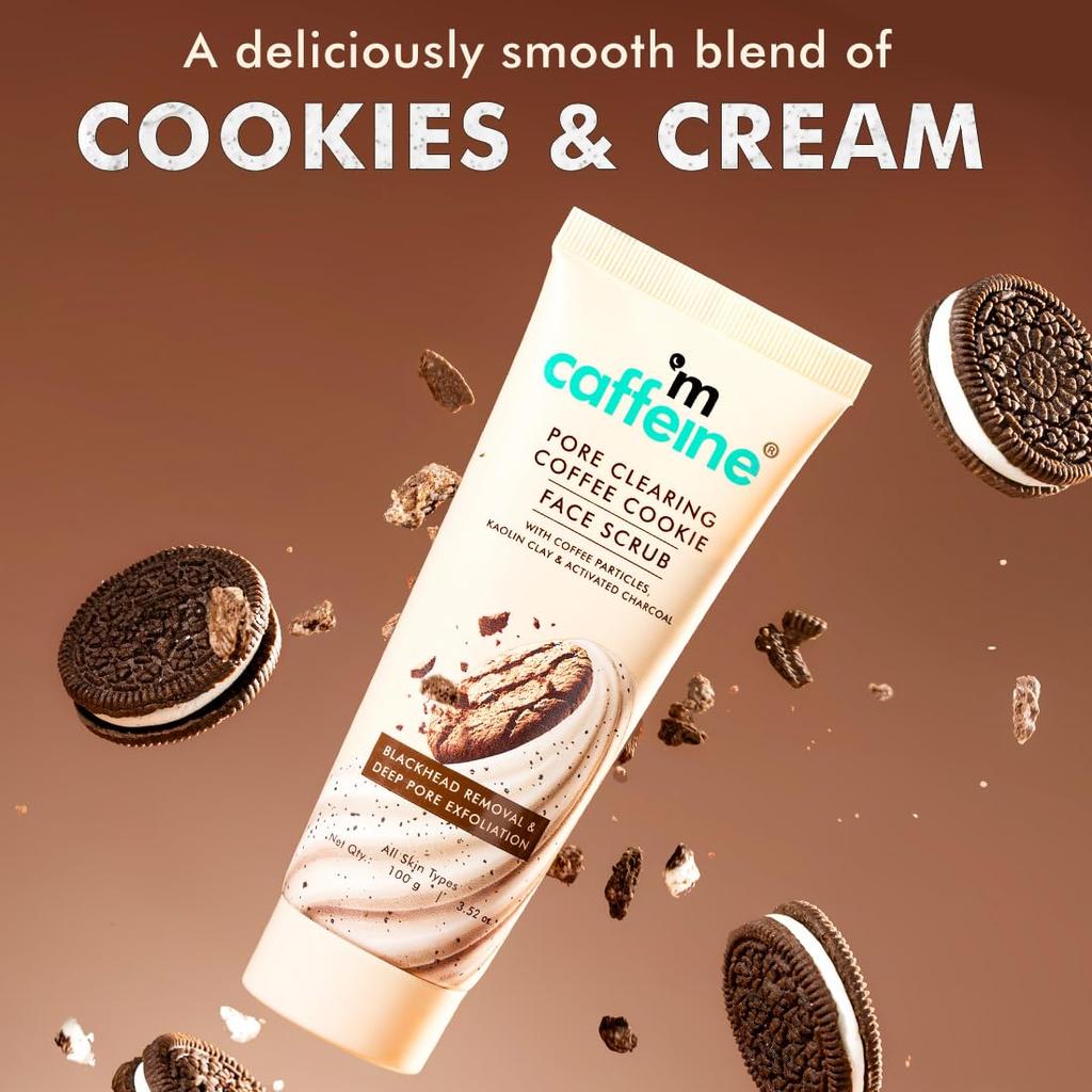 mCaffeine Pore Clearing Coffee & Cookie Face Scrub With 4.5% Exfoliants Walnut Charcoal Clay For Smooth Clear Skin Women Men 100 G