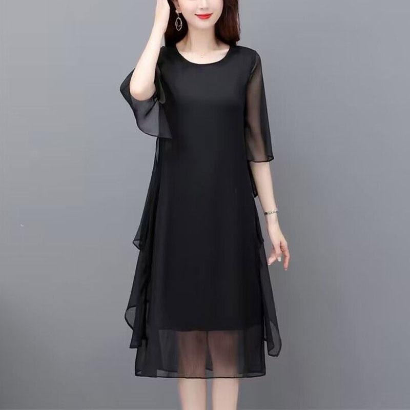 Women's Solid Color O-Neck Midi Dress Basic Stylish Ruffles Spliced Irregular Short Sleeve Dresses Loose Casual Summer