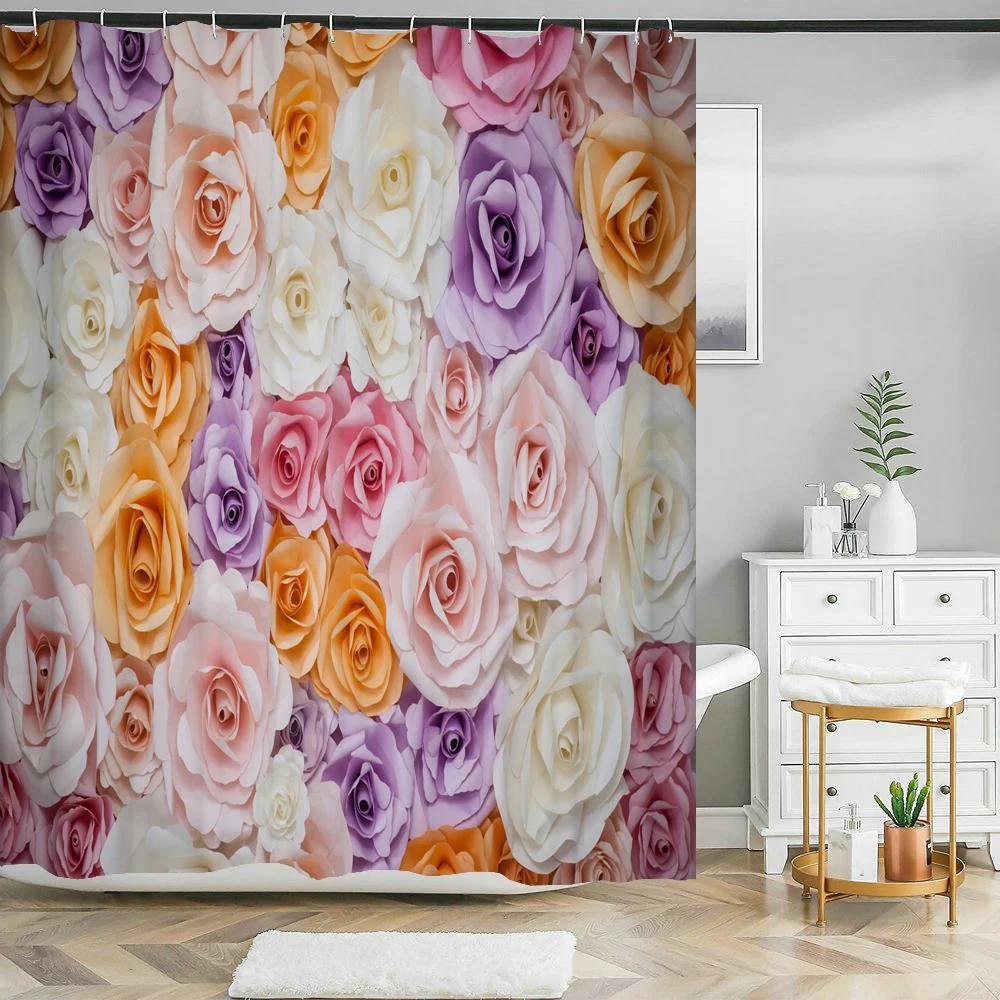 Wodoodporna zasłona prysznicowa z 12 haczykami Piękna kolorowa zasłona łazienkowa z nadrukiem naturalnych kwiatów Poliestrowa zasłona do dekoracji domu
