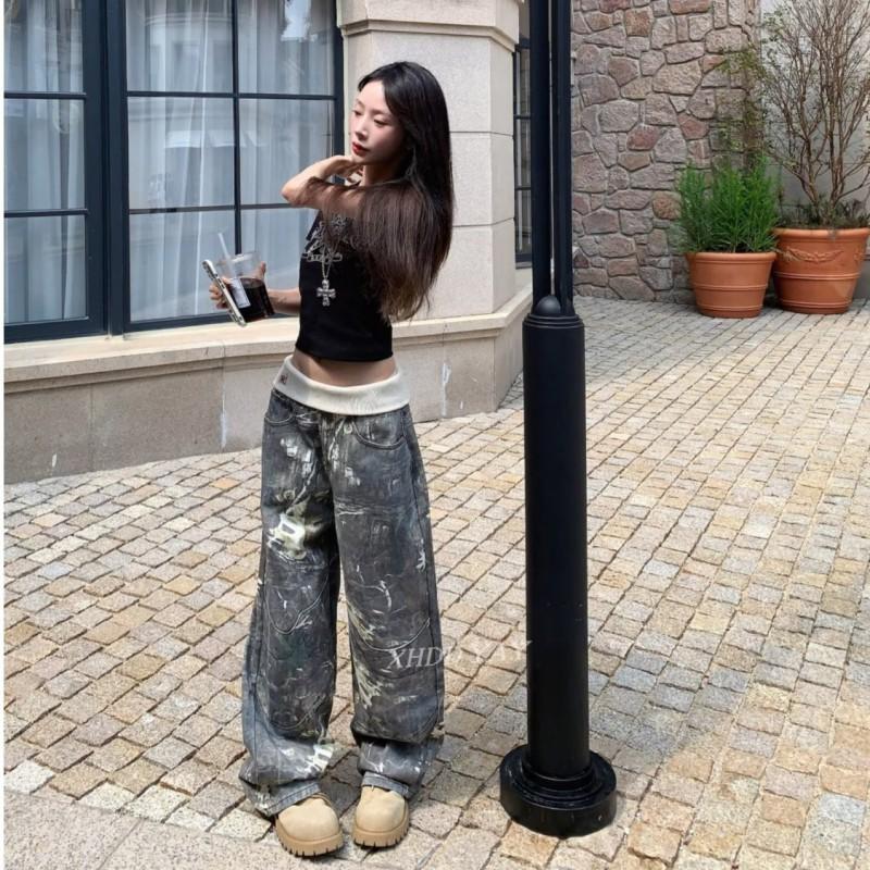 Womens Vintage Camo Print Wide Leg Jeans With Ribbed Waistband Straight Hem Mid-Rise Loose Fit Trousers