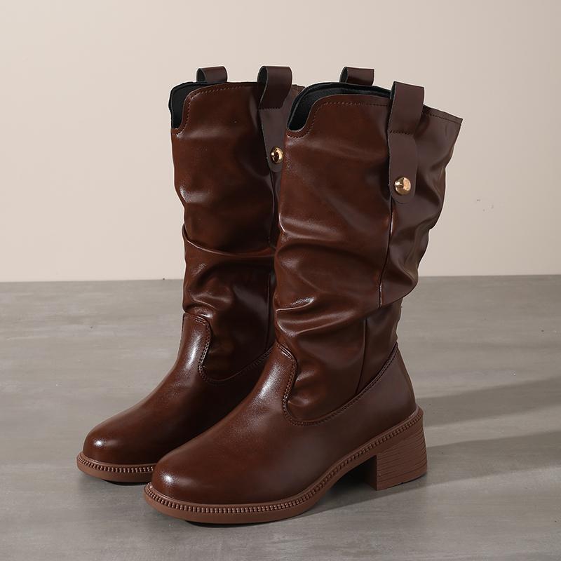 The Best-Selling Boots In The Mallard Color Scheme, Suitable For Winter, Versatile, With Pleated Stacked Design, Mid-Calf Length