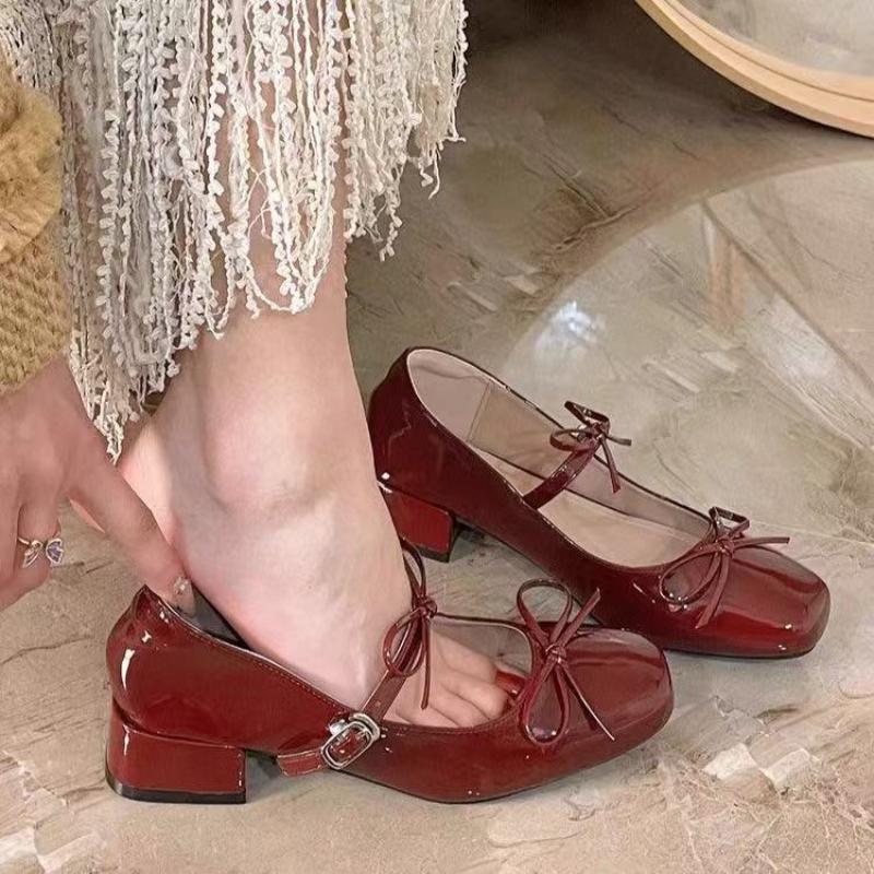 Fashion Spring New Women's Bow-knot Square-toed Thick Heel Single Shoes Summer French Temperament Shallow-mouth Low Heel Mary Jane Shoes