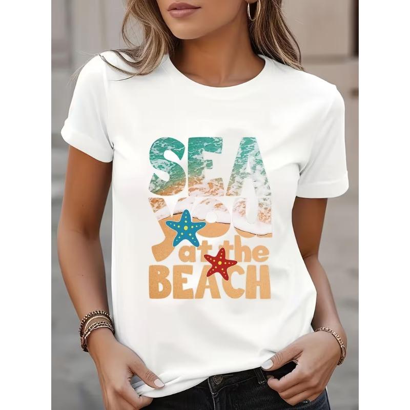 Sea You At The Beach Letter Print Tee Starfish Summer Ocean Design Unisexs Cute Crew Neck Short Sleeve Casual Vacation Top