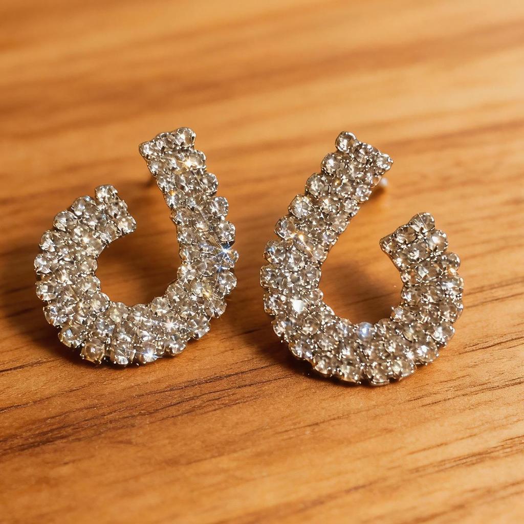 Silver Needle Rhinestone Geometric Double Stud Earrings - Luxury Cross-Border Design