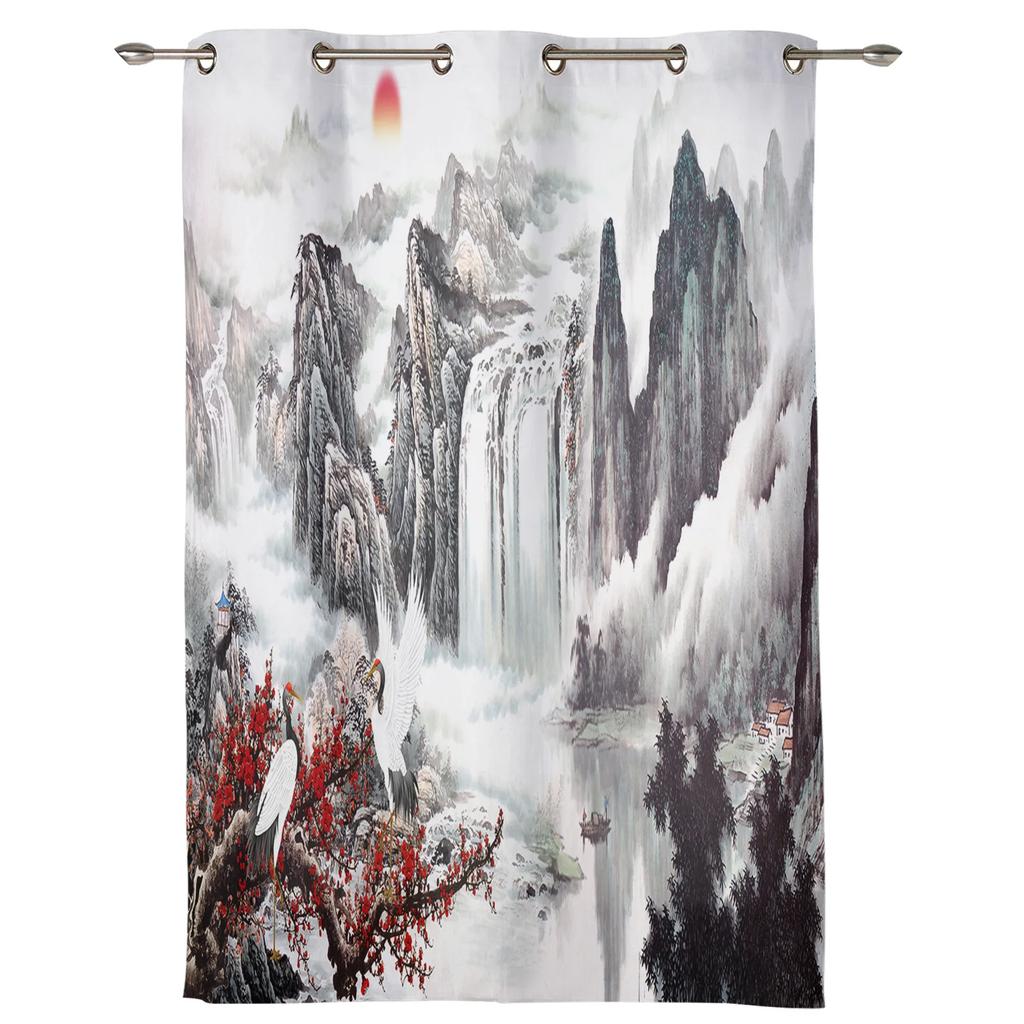 Vorhänge im chinesischen Stil mit Landschaftsmalerei für Schlafzimmer, Wohnzimmer, Drapierungen, Küche, Kinderzimmer, Fenstergardine, Heimdekoration