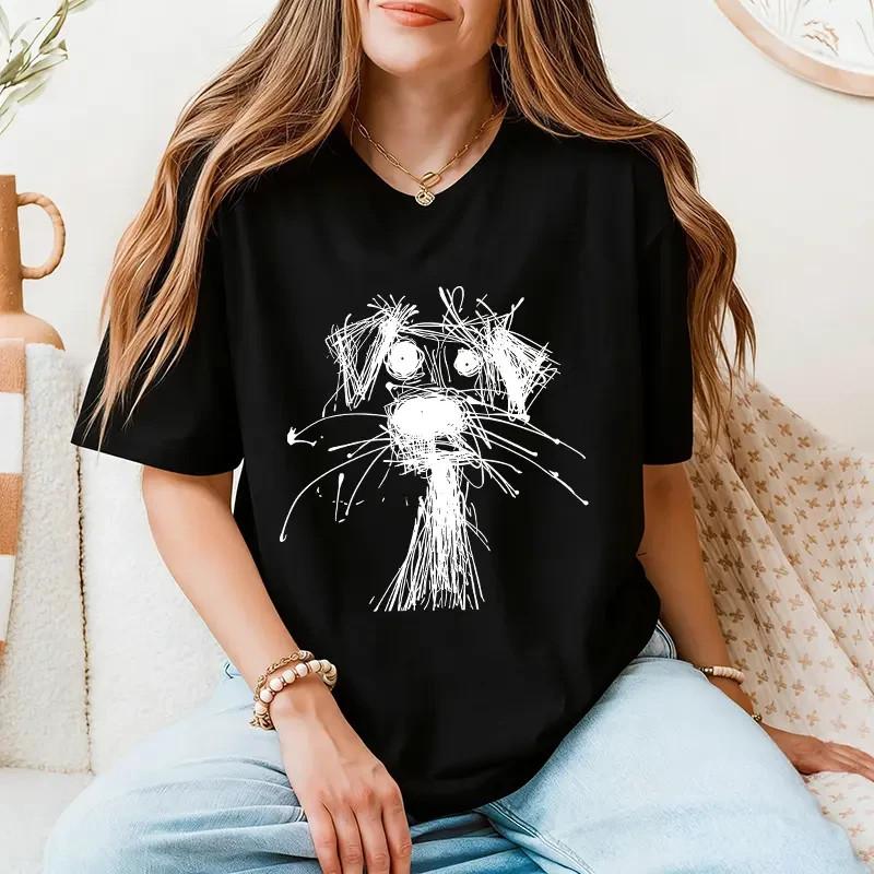 Women s Casual Round Neck Puppy Doodle Print Short Sleeve oversize T-Shirt, Cott S