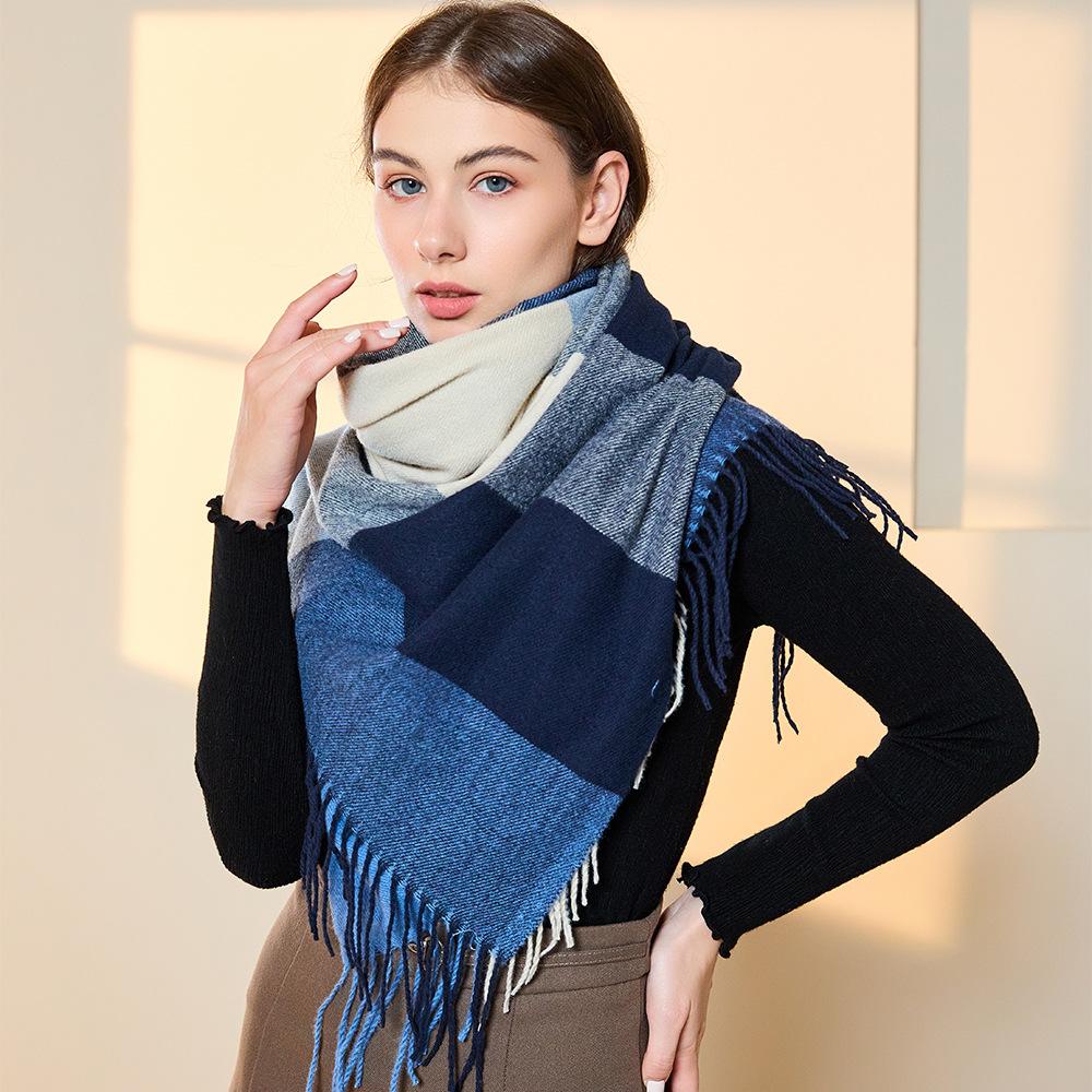 Warm Women's Scarf Winter Imitation Cashmere Color Block Plaid Shawl Long Tassel Fashion Scarf Scarf