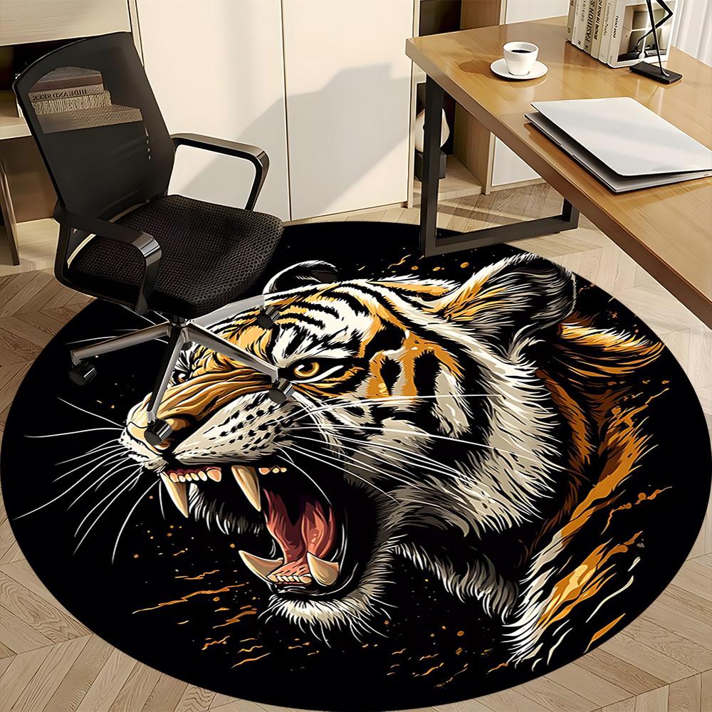 1pc Tiger Roar Print Carpet, Round Non Slip Durable Large Size Office Carpet, Suitable for Office