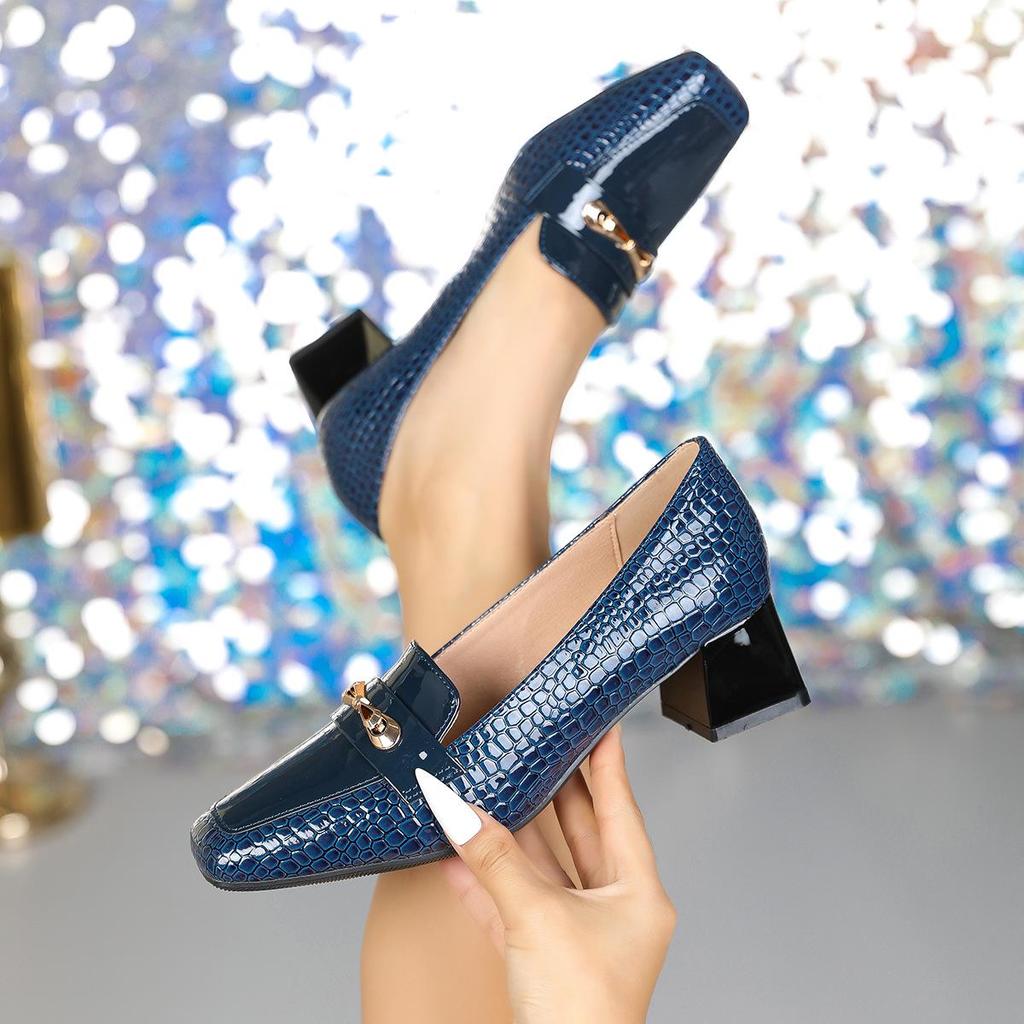 Women's Patent Leather Square Toe Chunky Heels, Mid-Cut in Plus Size 43 - European & American Style High Heels.