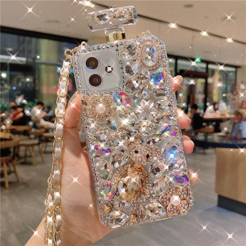 Luxus Bling Kristall Diamant Parfüm Flasche Abdeckung für Samsung S24 S23 S22 Ultra S10 S20 Plus Note20 Ultra Fall für iphone 15 14 13 11 Pro Max