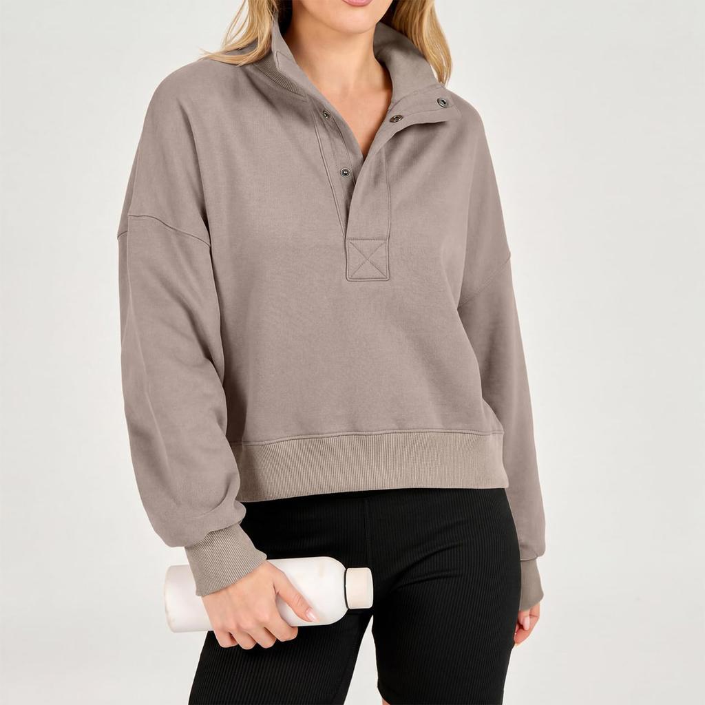 Women's Color Loose Fit Half Zip Button Long Sleeve Sweatshirt Top