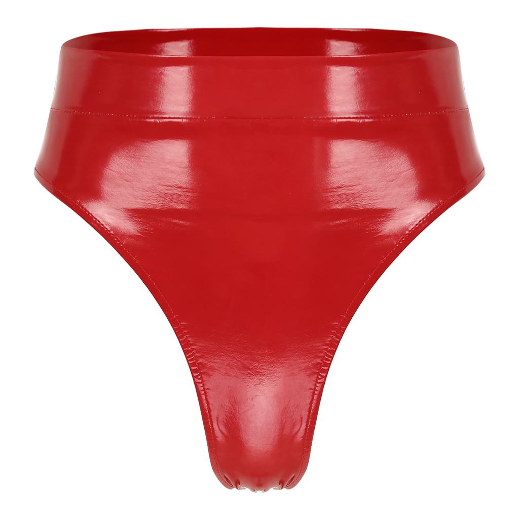 Womens Patent Leather Panties Wet Look High Waist Thong Design Adjustable Back Buckle Belted Club Wear