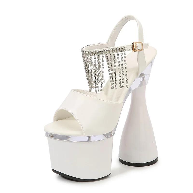 

Fashion Hentian High Nightclub Coarse Heel High Heel Sandals 18CM Car Model Slippers Rhinestone Female Walking Show Steel Pipe 34 белый
