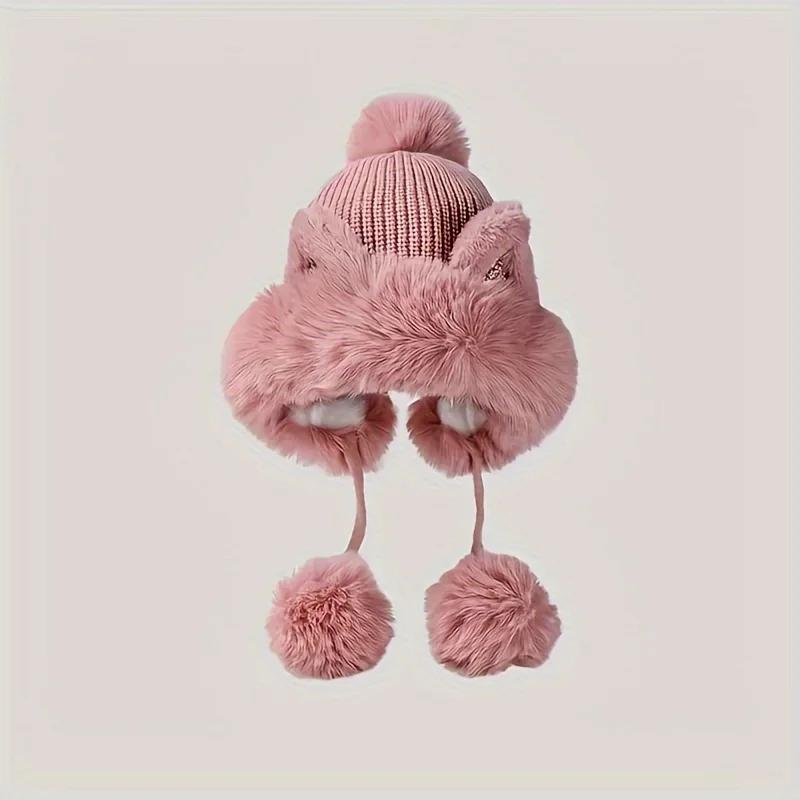 Women's Faux Fur Cat Ear Beanie – Glitter Accents & Plush Pom-Pom Thick Warm Skull Cap with Elastic Cuff Windproof Winter Hat