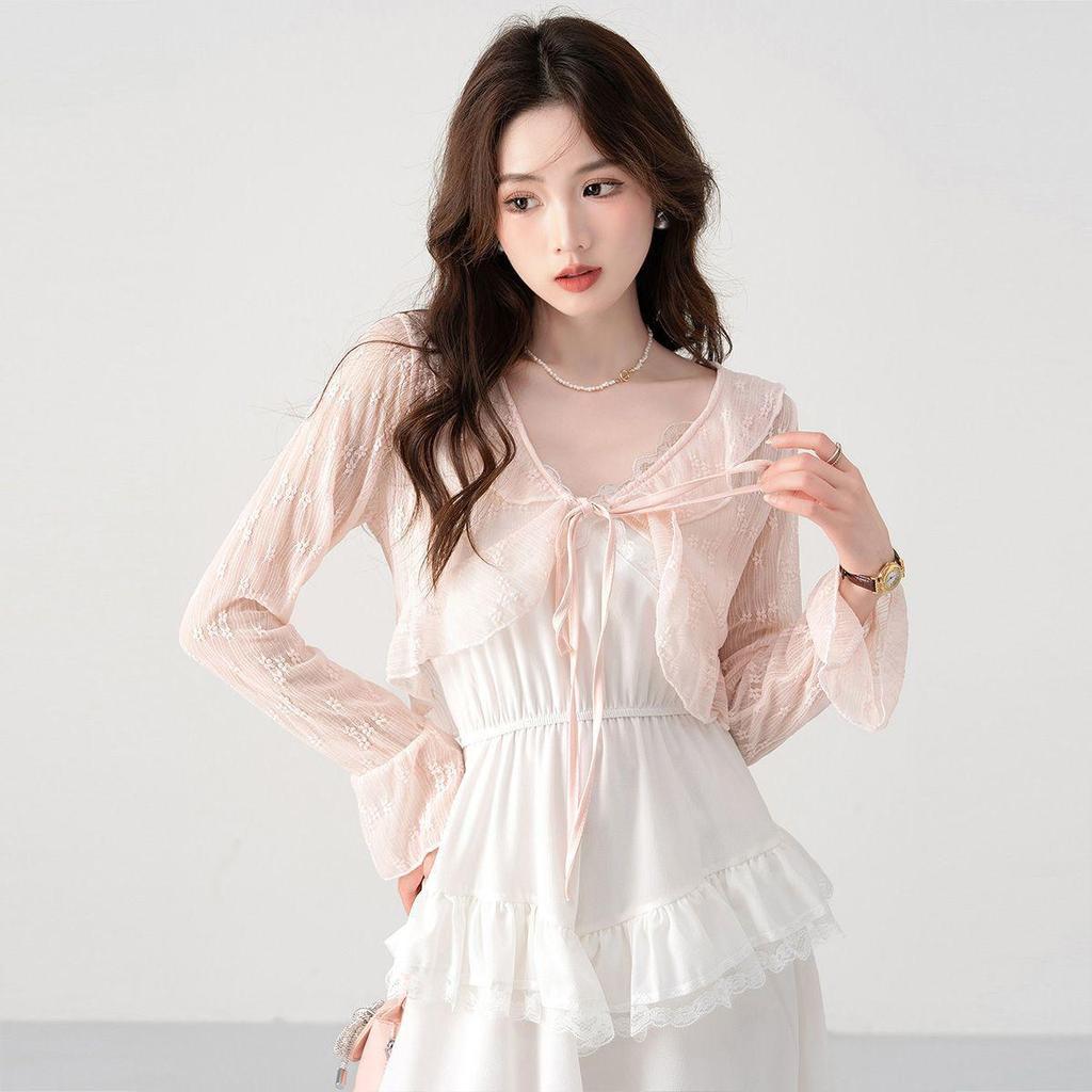 Women's Lightweight Lace-Up Sun Protection Jacket with Ruffle Shawl
