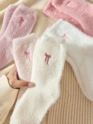 Autumn Winter Fleece Bow-Tie Plush Socks Woman Cute Sweet Mid-Calf Socks Thickened Warm Home Sleep Short Socks for Girls