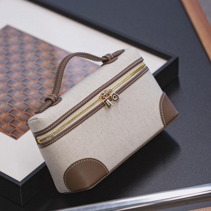 Canvas Contrast Lunch Bag Linen Vintage Genuine Leather Box Handbag Crossbody Small Size