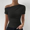 Spring and Summer Solid Colour Fashion Slim Drawstring Irregular Collar Short Sleeve T-Shirt Top