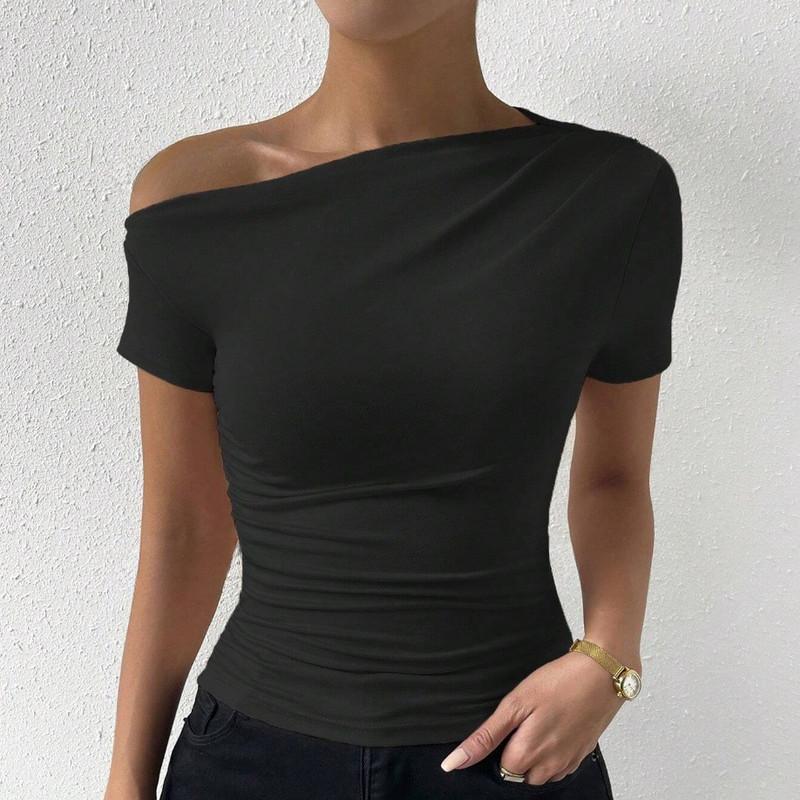 Spring and Summer Solid Colour Fashion Slim Drawstring Irregular Collar Short Sleeve T-Shirt Top
