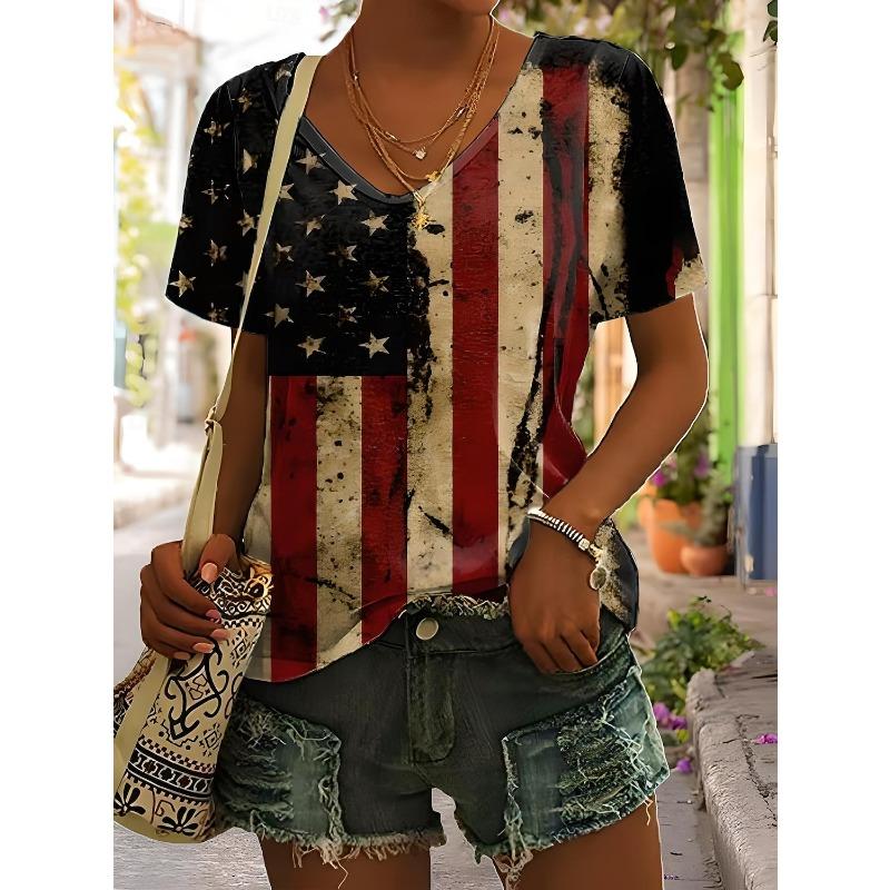 

Women s T Shirt Graphic Plants Flag Vintage Stylish Classic Short Sleeve V Neck Regular Tops 5XL