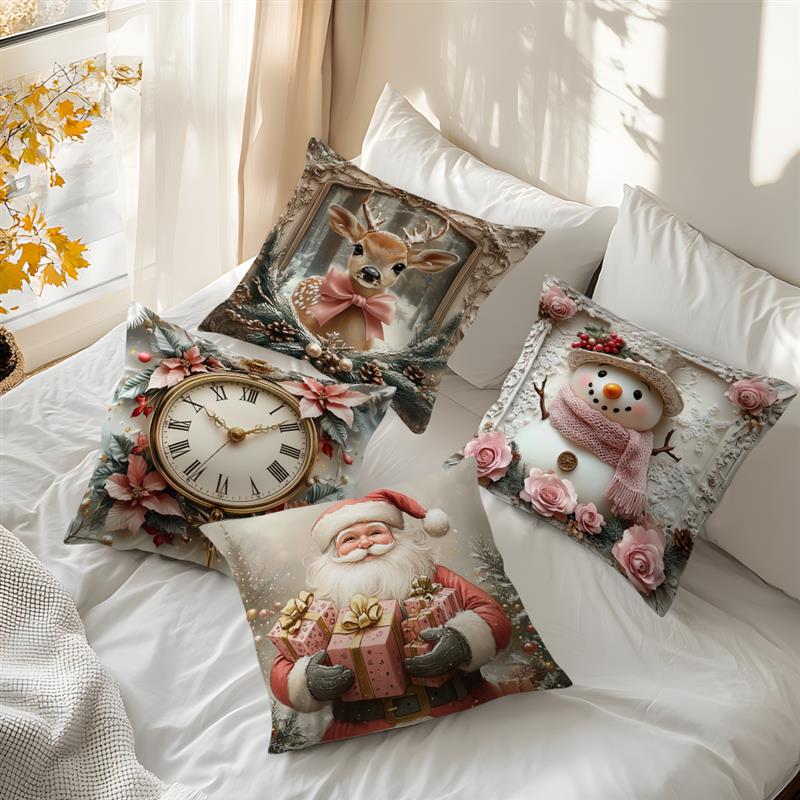 Vintage Christmas Cushion Pillowcase Printed 100% Polyester 45X45Cm Throw Pillowcover Decorative Sofa Cushion Pillowslip Decor
