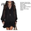 Plus Size Pleated Dress Women's Summer Mini Dress, Sheer Mesh Long Sleeve Tiered Ruffle Lace Cuff Swing V Neck Casual Loose Beach Vacation Short