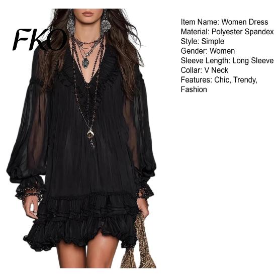 Plus Size Pleated Dress Women's Summer Mini Dress, Sheer Mesh Long Sleeve Tiered Ruffle Lace Cuff Swing V Neck Casual Loose Beach Vacation Short