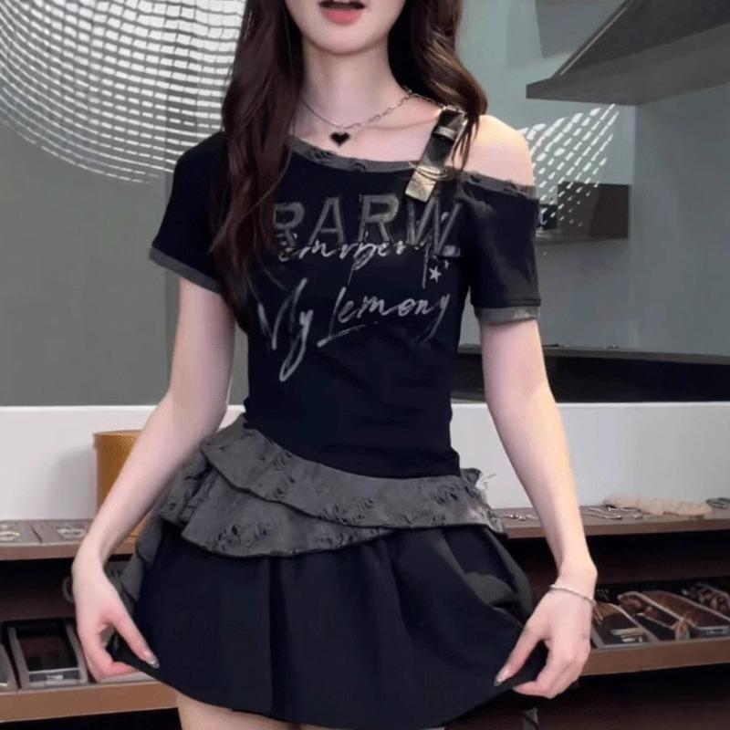 Sweet Cool Spice Girl Ribbon Letter Printed Slant Shoulder Short Sleeve T-Shirt Women's Summer Design Slim Off-Shoulder Pure Top