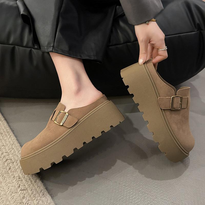 Frosted thick-soled inner height-increasing women's shoes, spring and autumn half-towing bag head, one foot pedaling lazy slippers