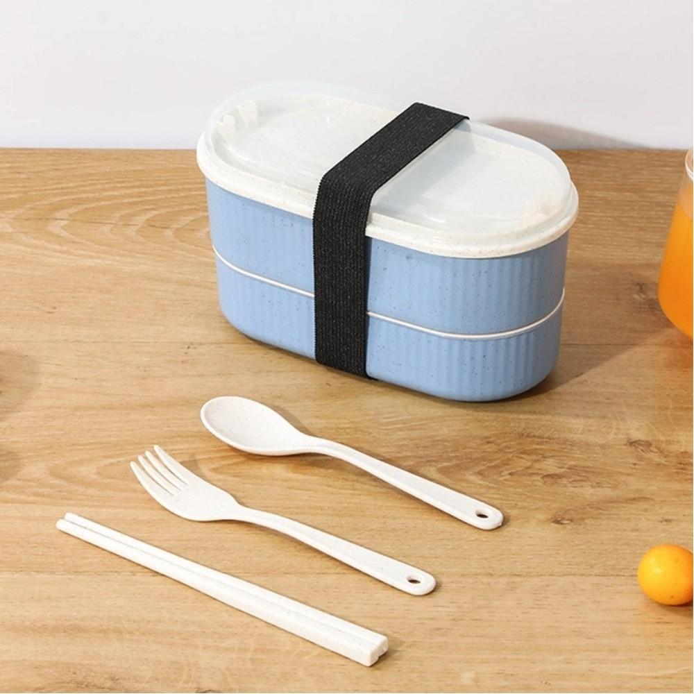 Portable Double Layer Lunch Box with Fork and Spoon Microwave Food Storage Boxes Leakproof High Capacity Dinnerware Set