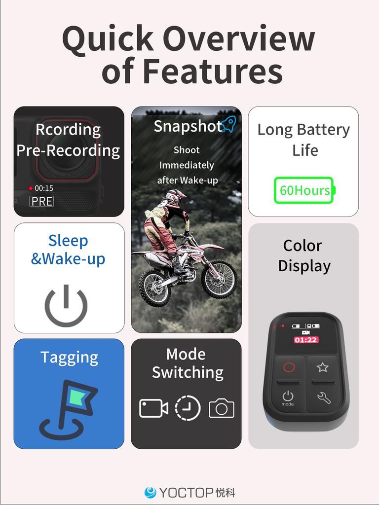 YOCTOP Bluetooth Remote for Insta360/DJI High-Level Waterproofing 60-Hour Battery Life