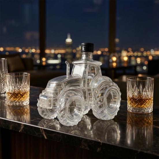 Traktorenförmiger Whiskey-Karaffe, 300ML Weinflasche mit Deckel, Klare Glasflasche für Whiskey Wein Spirituosen, Einzigartiges Neuheit Barzubehör Geschenk für Whiskey