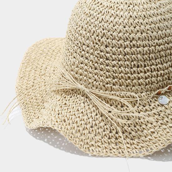 Women Hat Wide Brim Adjustable Strap Hollow Crochet Straw Hat Breathable Foldable Summer Outdoor Sun Hat