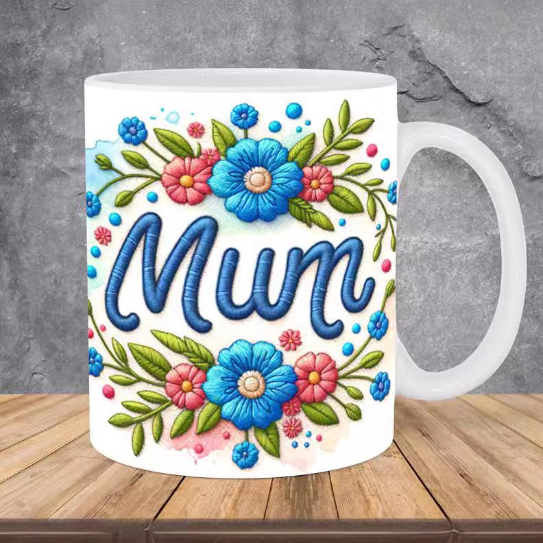 3D Embroidery Flower Embroidered Ceramic Coffee Mug Tea Cup Mom Mum Mother