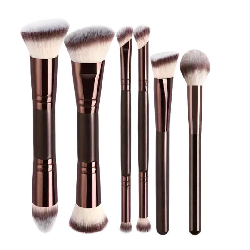 Dual-Head Makeup Brush Set: Foundation, Blush, Loose Powder Brushes In Coffee Color.