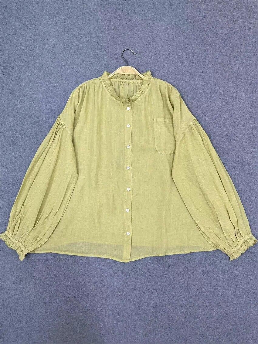 

Johnature весенне-летние топы, винтажные повседневные однотонные свободные женские блузки с тонкими оборками One Size жёлтый