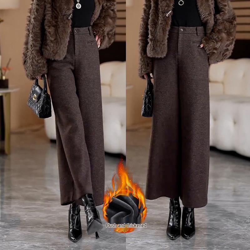 Women's Woolen Wide-Leg High-Waist Pants with Velvet, Autumn/Winter 2025 - Thick, Loose, Straight Leg Design for Small Heights