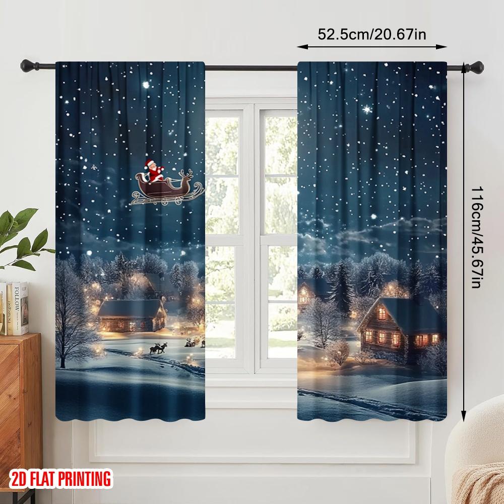 2pcs,2D Plane Printing Creative Curtains Santa Claus Sleigh Reindeer Versatile Durable Polyester (without Rod) All Seasons Ldeal