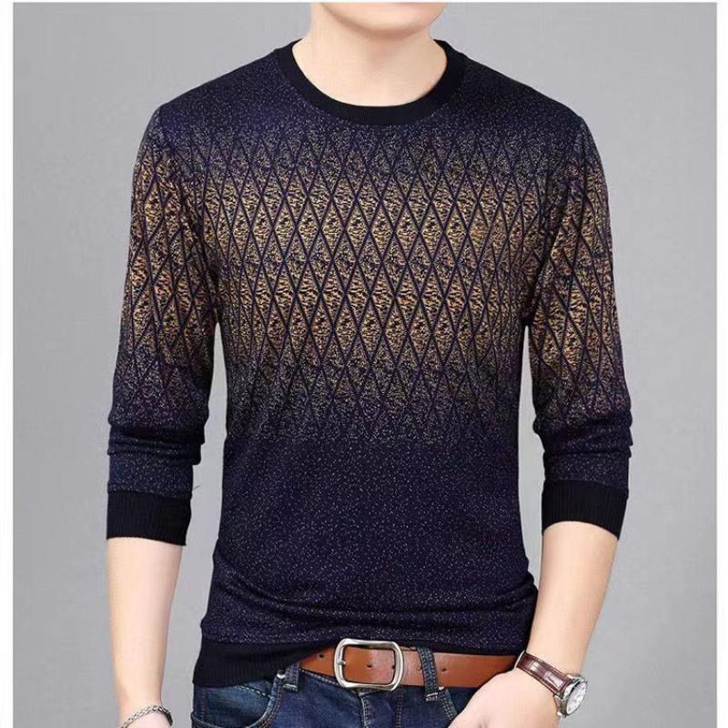 Spring Autumn Paisley Gradient Men Long Sleeve Sweaters Round Neck Thin Knitting Printing Loose Elastic Jacquard All-match Tops