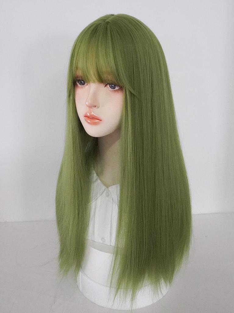 Green Long Straight Wig with Bangs - High-Temperature Fiber, European & American Style