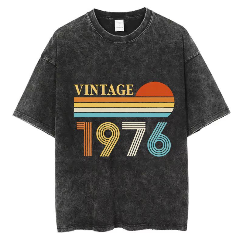 Vintage 1976 TShirt Washed Cotton 50th Birthday Graphic Tee Men Women Acid Wash Short Sleeve Retro Streetwear Shirt