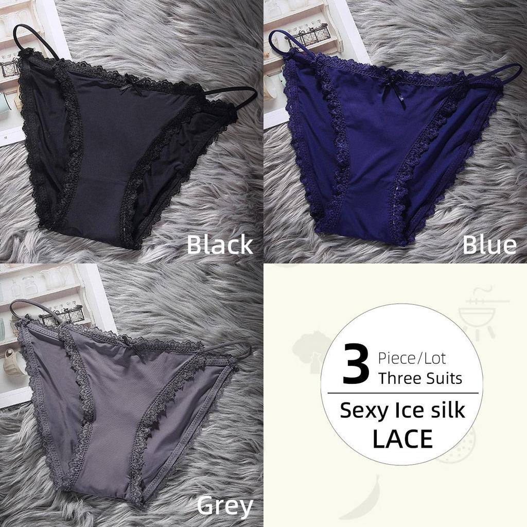 Ice Silk Girls Panty Women's Sensual Spaghetti Straps Breathable Cotton Crotch Low Waist Lace Edge Panties