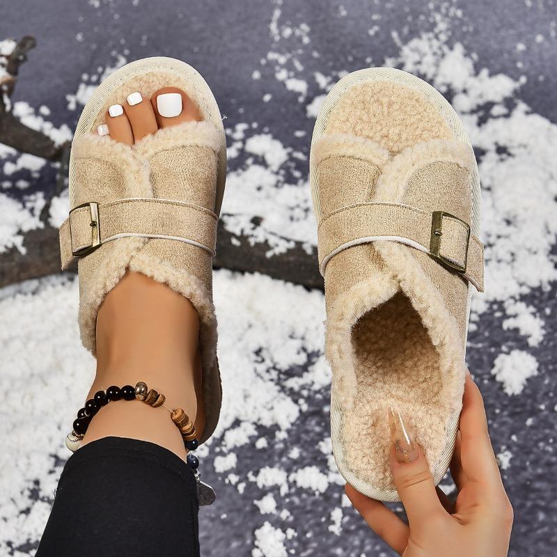 Large size new one-word slippers fleece casual flat-bottomed fluffy slippers women's warm retro cotton mop