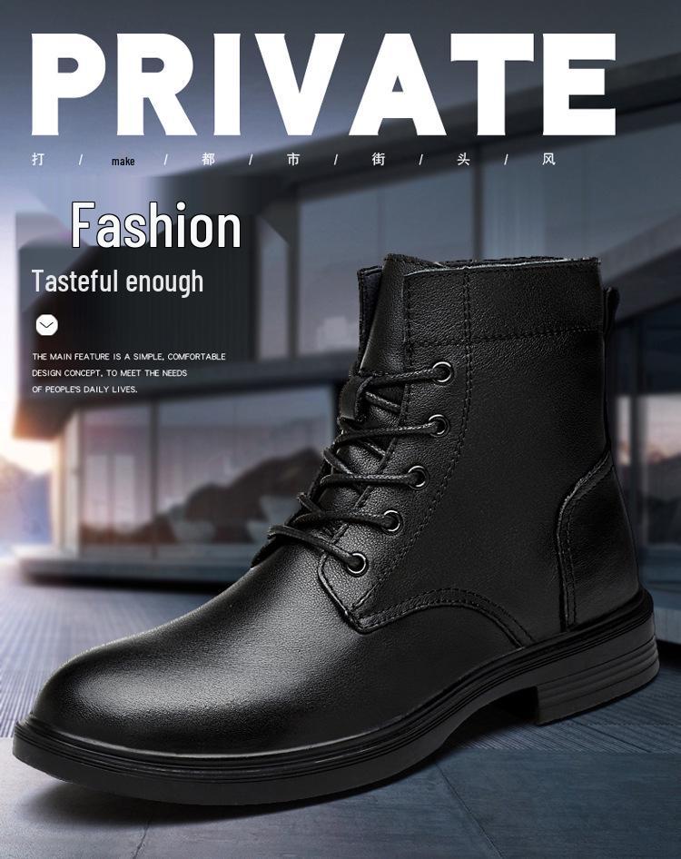 Men's Black Leather High-Top Martin Boots, Large Size, Warm Cotton Lining for Outdoor Work In Autumn and Winter