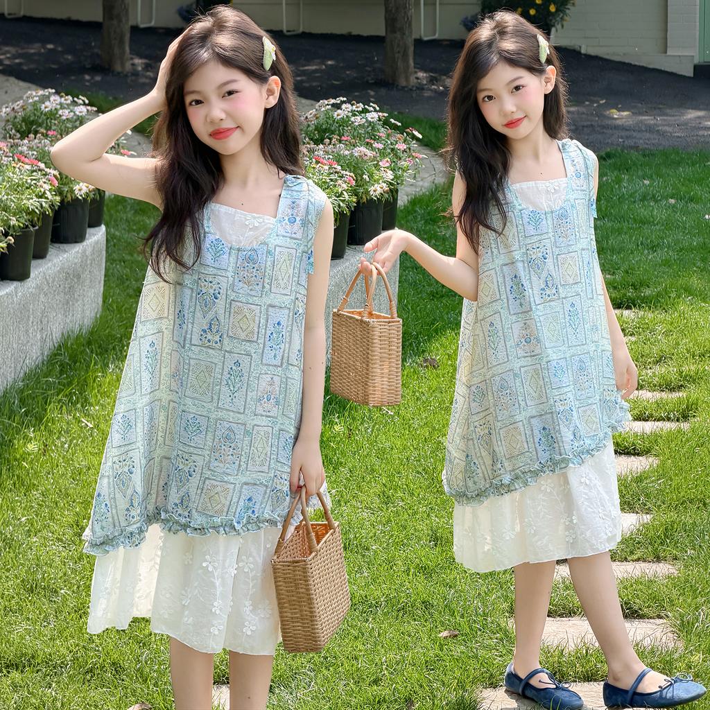 Children's Summer Dress with Floral Vest and Lace Patchwork