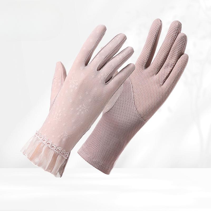 Spitzen-Sonnenhandschuhe für Damen im Sommer für Outdoor-Fahrten und Autofahren Eisseide Anti-Rutsch Dünner Stil Anti-UV Touchscreen Vollfinger